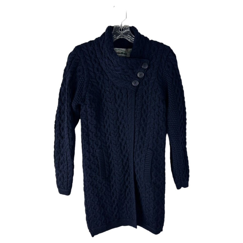 Aran Crafts Irish Knit Three Button Collar Coat Blue 100% Merino Wool NEW NWT